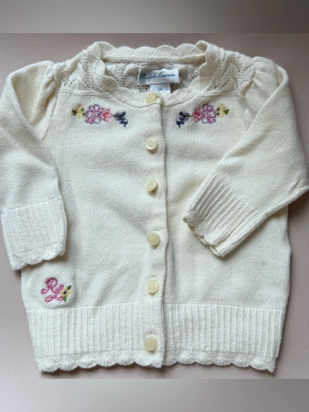 Ralph Lauren Cream Baby Cardigan with Pink Floral Embroidery